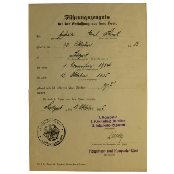 Wehrmachtin demobilisointitodistus. 1 Komp/ I BTL. Inf.rgt 13, 1935 vuosi. Espenlaub militaria